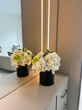 Load image into Gallery viewer, Matte Black Cylinder Faux Hydrangea Mix Arrangement