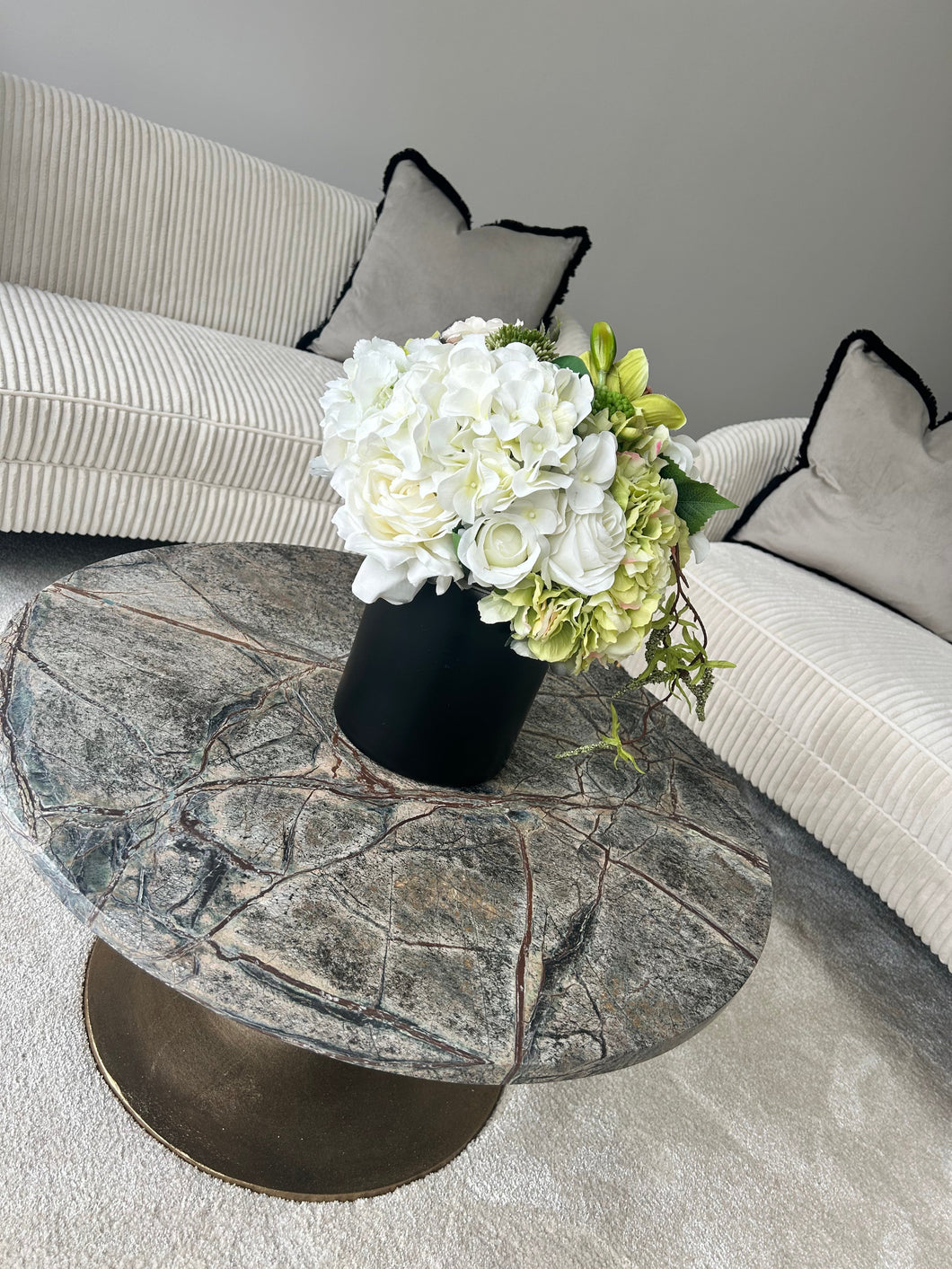 Matte Black Cylinder Faux Hydrangea Mix Arrangement